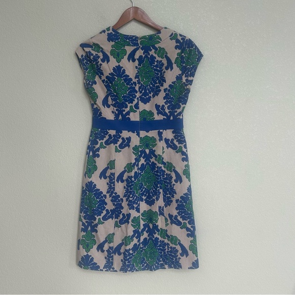 Boden Blue Tan Tapestry Notch Neck Shift Dress US 6 Woven Cotton Damask Print - Picture 3 of 8